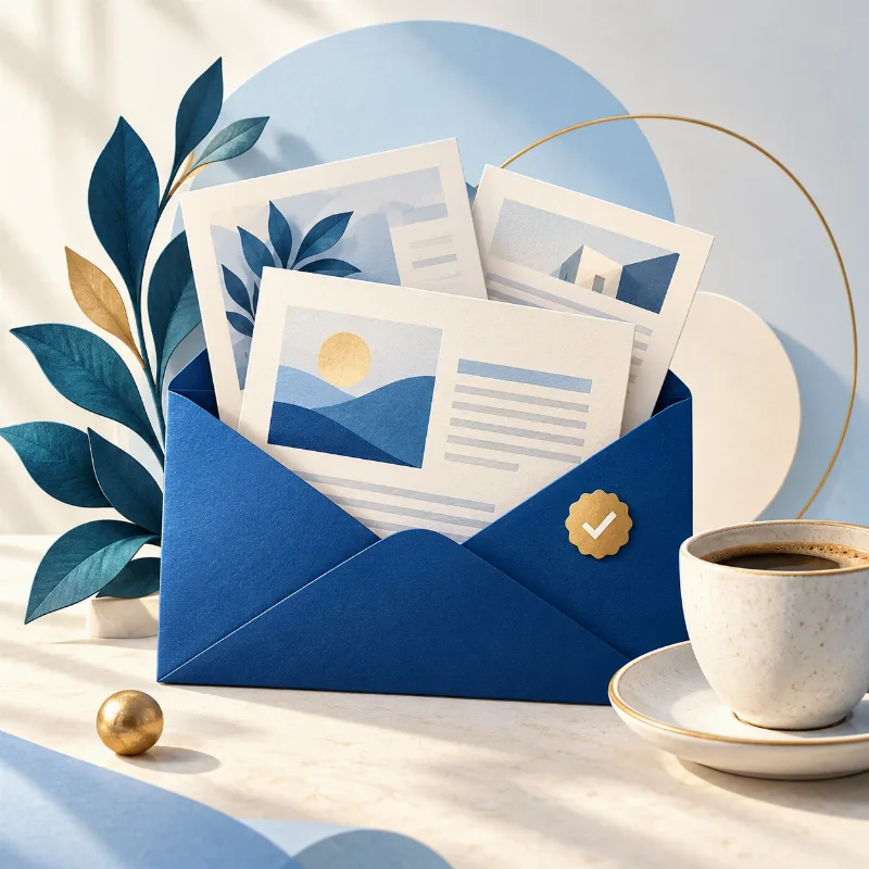 Un sobre azul con una selección de noticias, junto a una taza de café