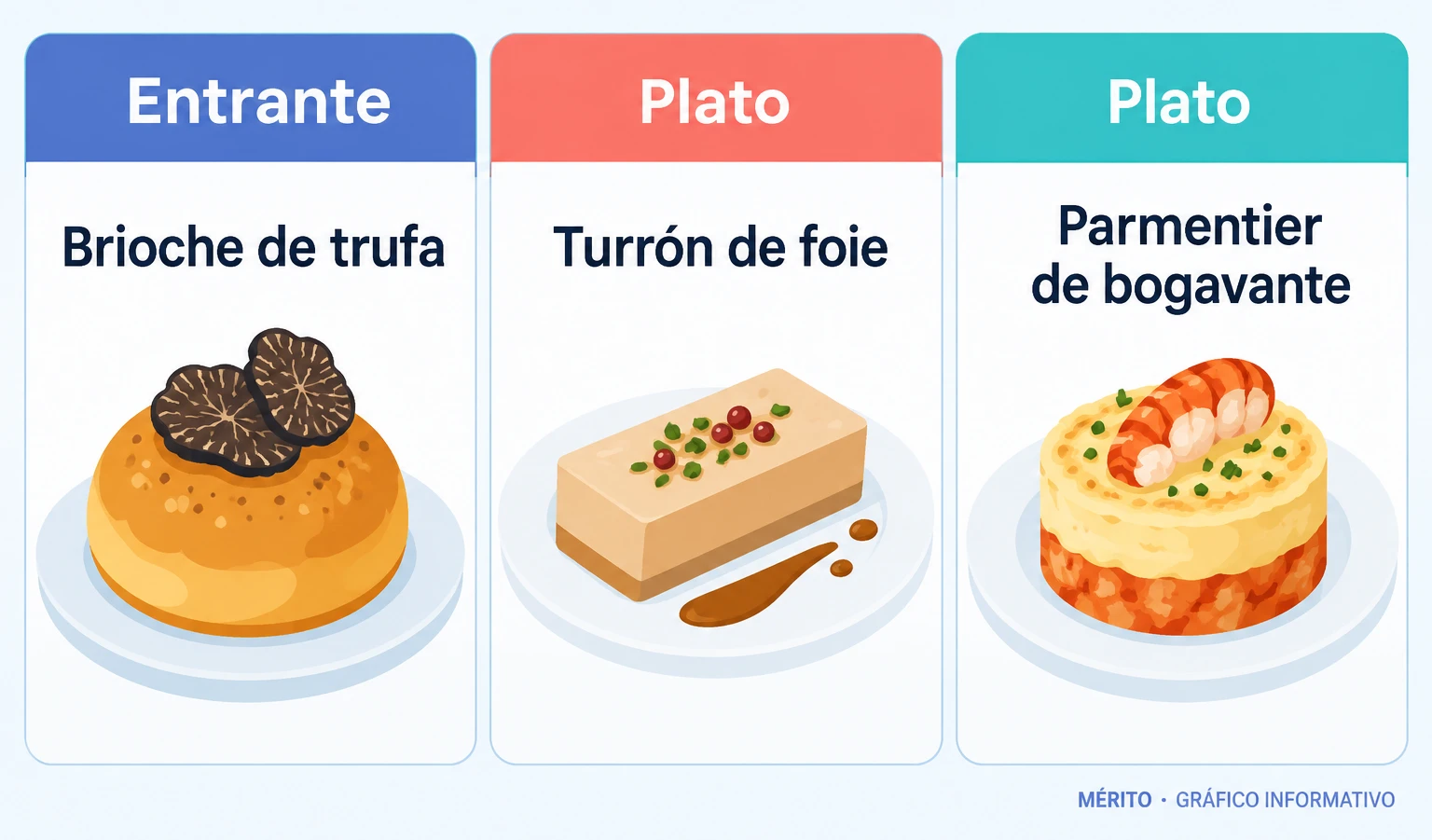 Tres platos citados en el menú de la cena: brioche al vapor de trufa, turrón de foie y parmentier de bogavante.