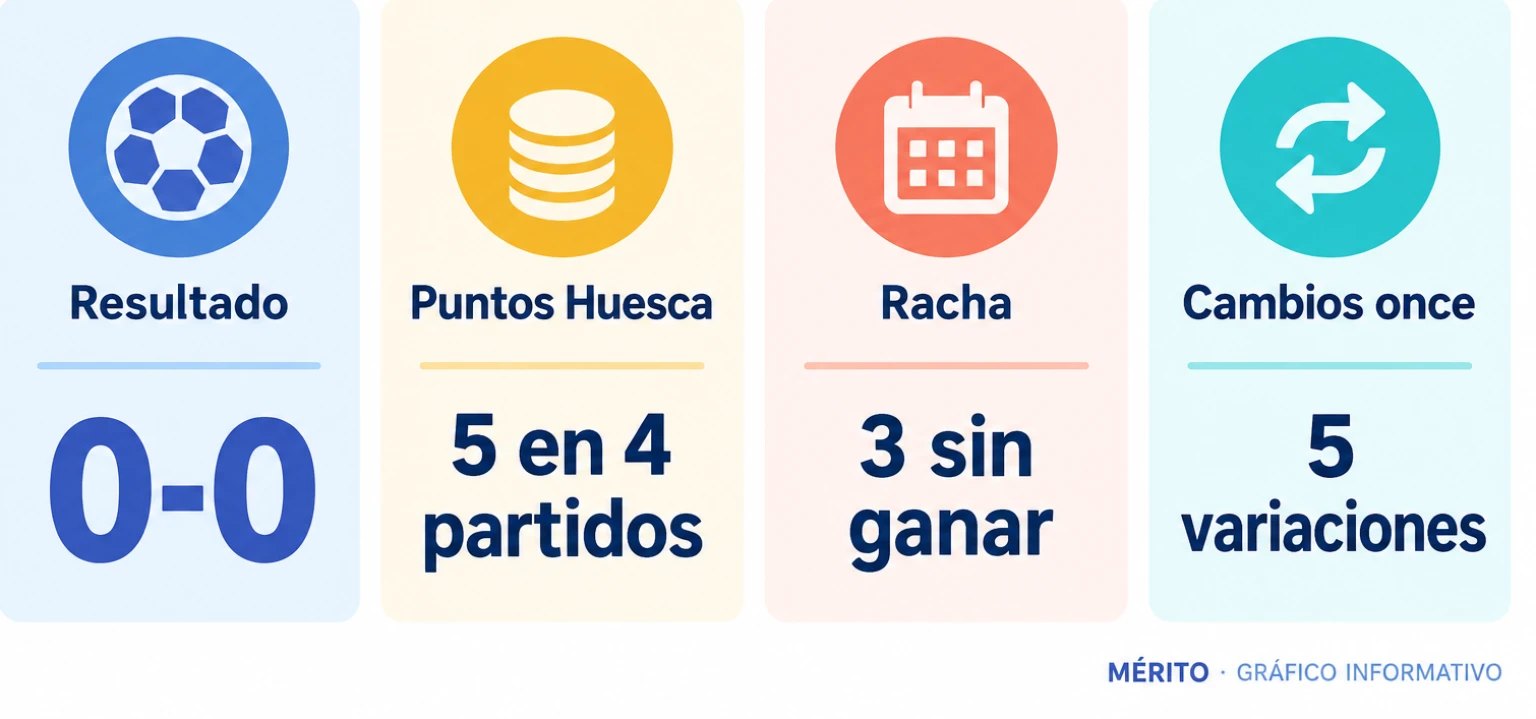 Tarjetas con el resultado, los puntos del Huesca, la racha sin ganar y los cambios en el once inicial.
