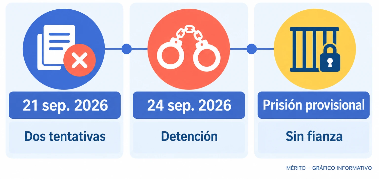 Cronología de los episodios denunciados en Puerta de la Villa el 21 de septiembre de 2026, la detención del 24 de septiembre y la posterior decisión judicial de prisión provisional sin fianza.