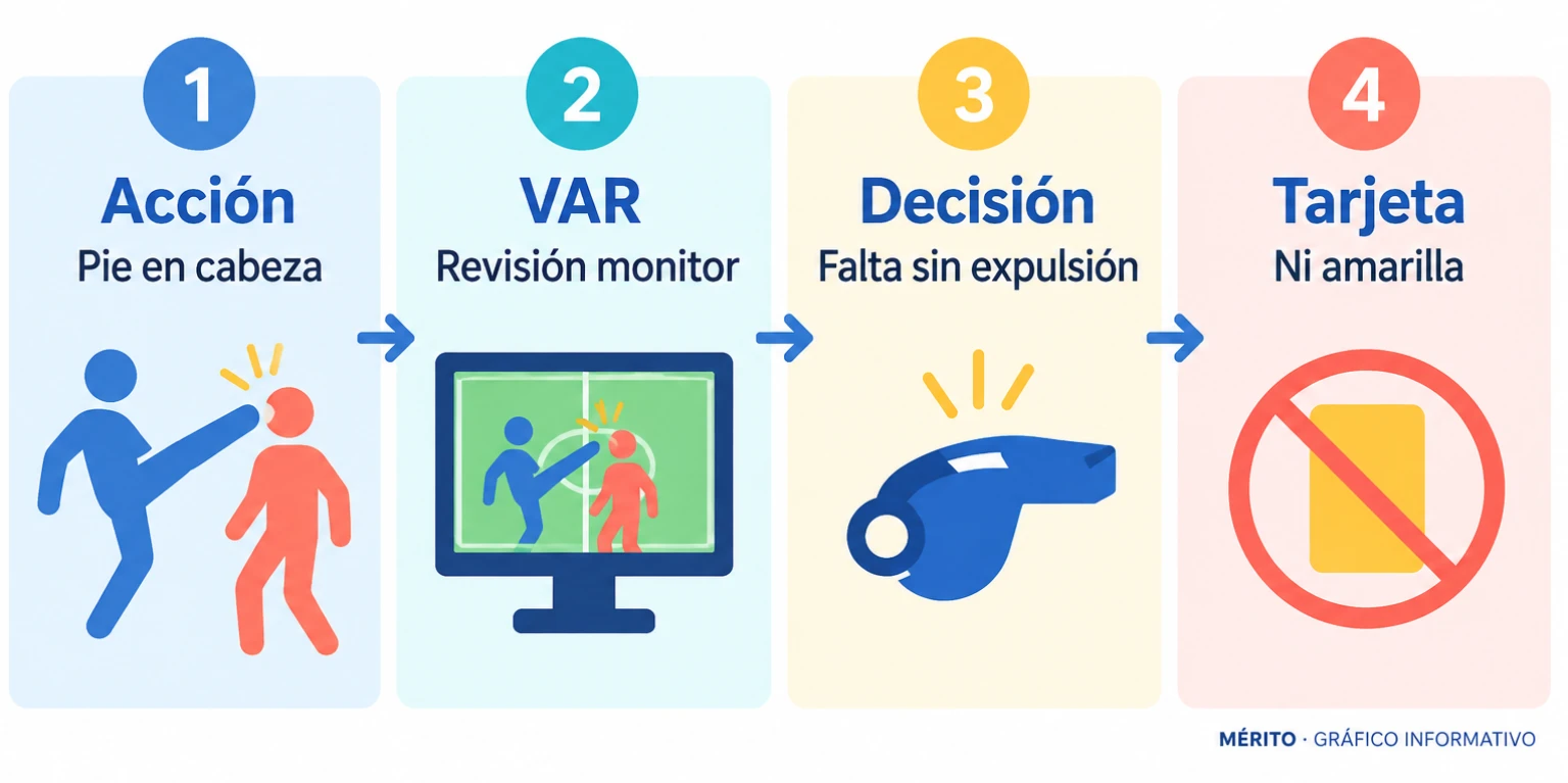 Diagrama de proceso con la acción de Cucho, la revisión del VAR y la decisión de falta sin expulsión.