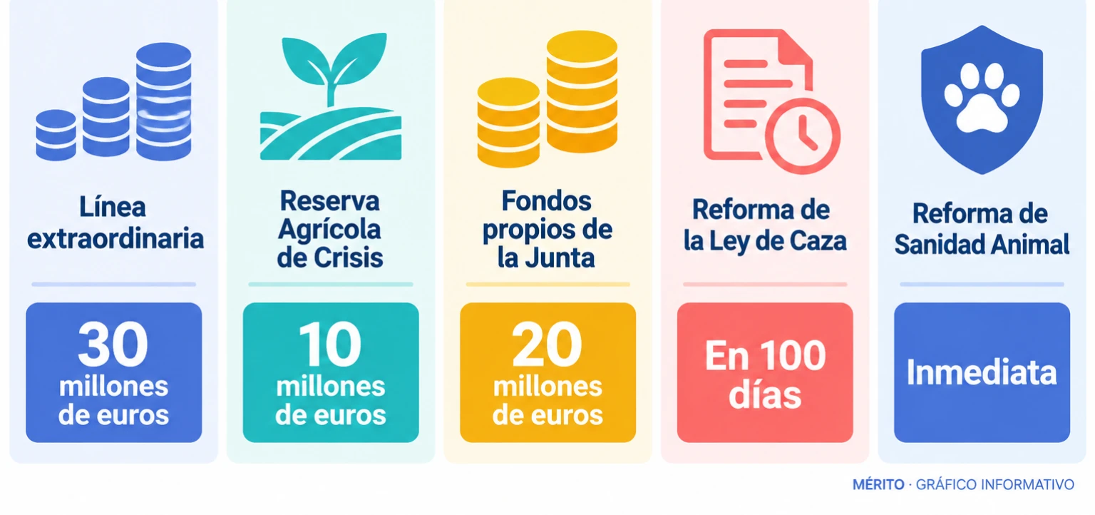 Infografía comparativa de las ayudas complementarias: 30 millones de euros, 10 de la Reserva Agrícola y 20 de fondos propios, junto con las reformas legislativas anunciadas.