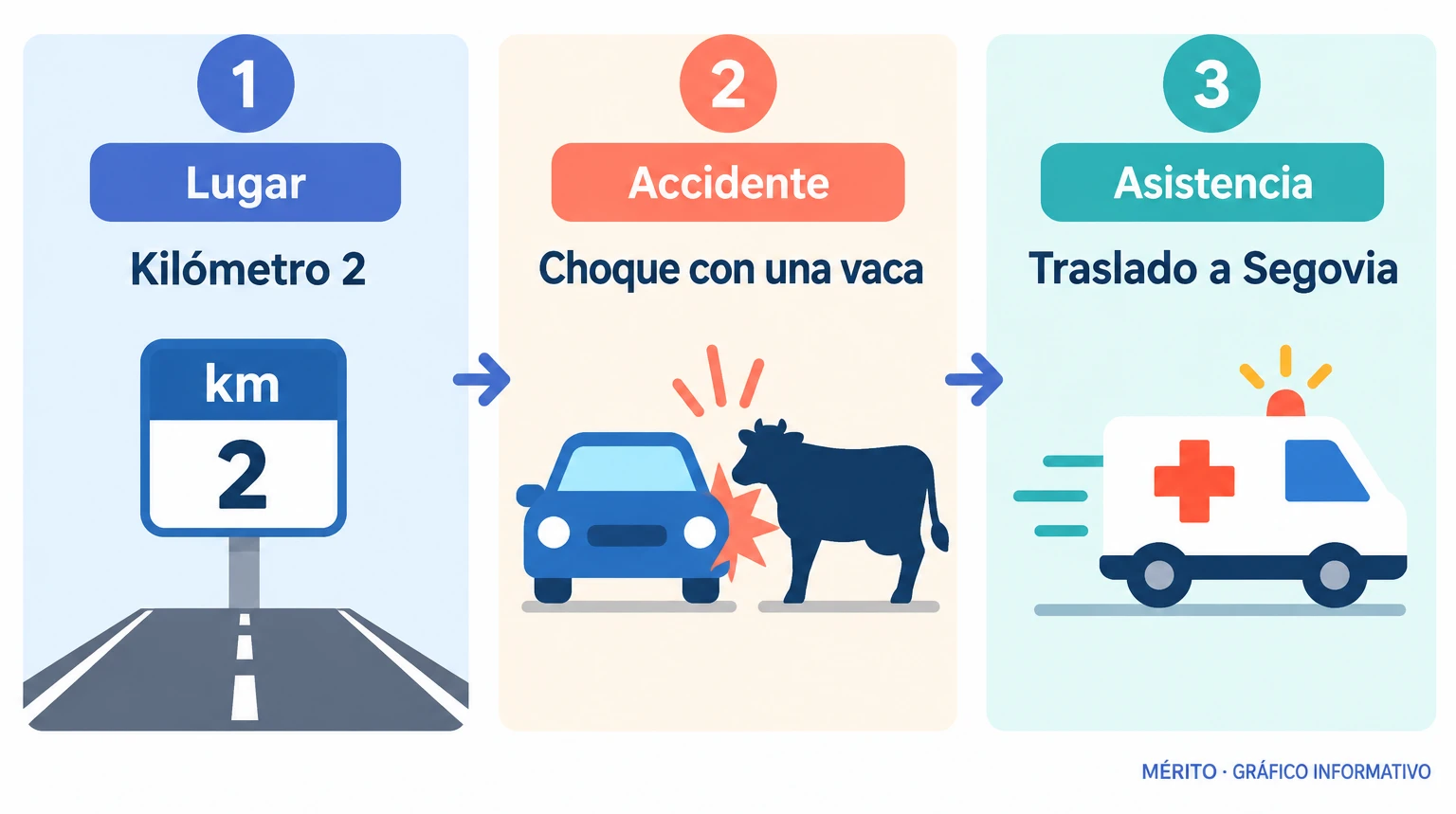 Secuencia del accidente: choque con una vaca en el kilómetro 2 de la SG-V-2366, atención al conductor herido y traslado al hospital de Segovia.