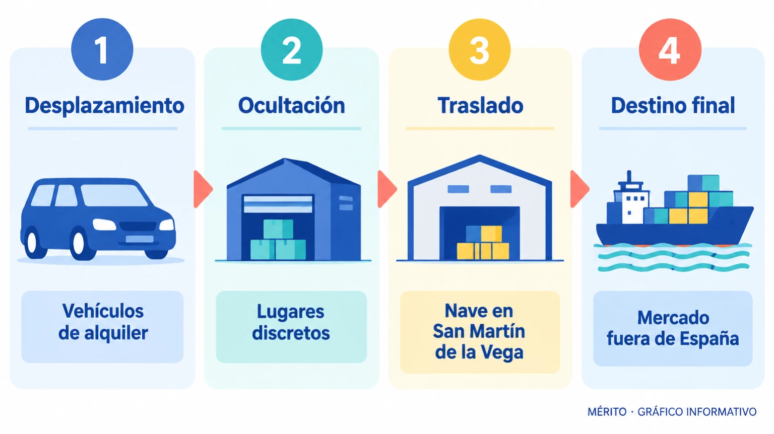 Diagrama de proceso con las cuatro fases: desplazamiento en vehículos de alquiler, ocultación en lugares discretos, traslado a una nave y salida al mercado exterior.