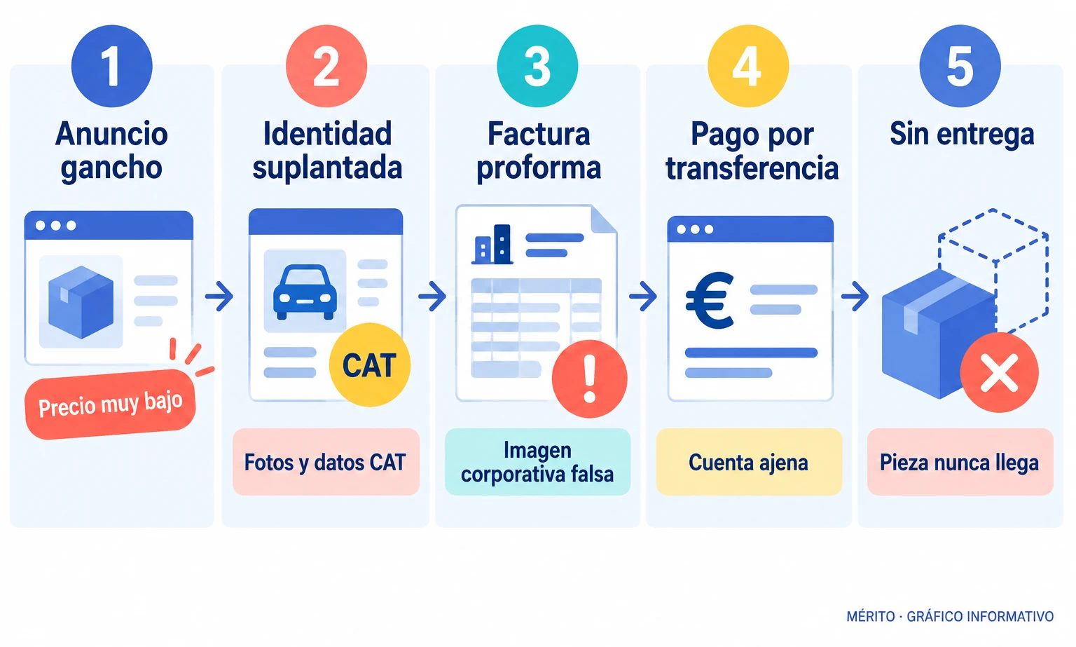 Diagrama con las etapas del fraude descrito: anuncio a bajo precio, suplantación de identidad, factura falsa, transferencia y ausencia de entrega.