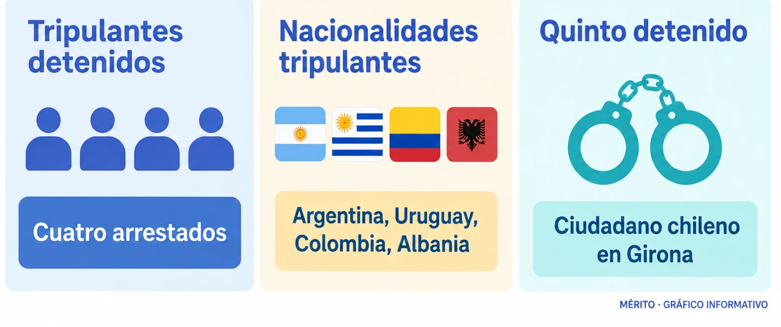 Tarjeta informativa sobre los cinco detenidos: cuatro tripulantes de Argentina, Uruguay, Colombia y Albania, y un quinto detenido de nacionalidad chilena en Girona.