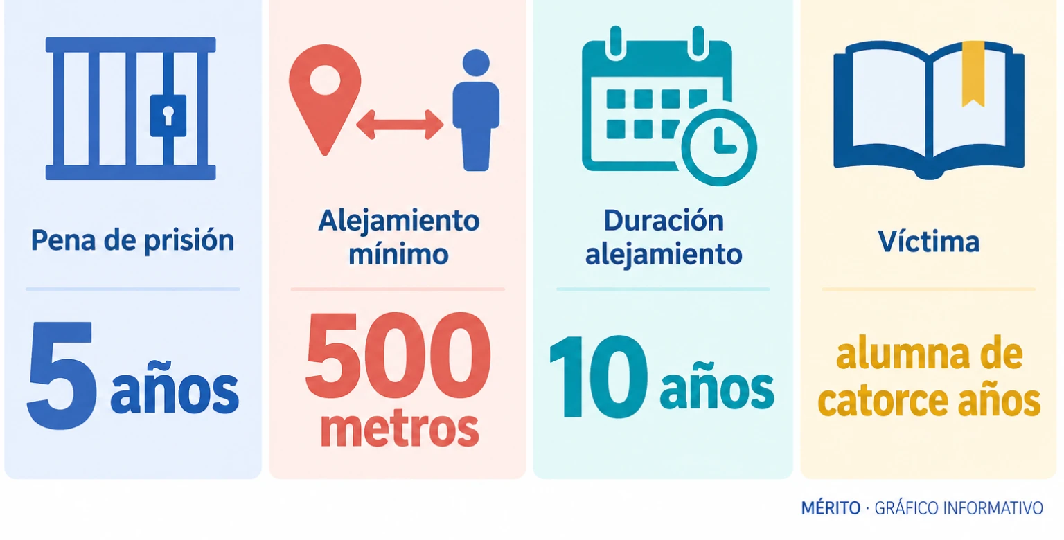 Tarjetas con la pena de cinco años, el alejamiento de 500 metros durante diez años y la edad de la víctima.