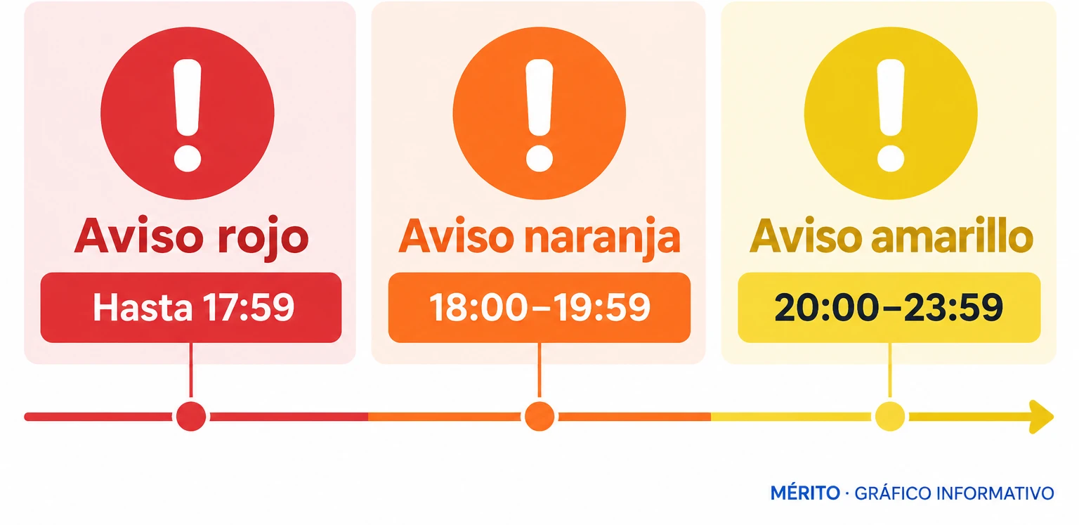 Cronología de los niveles de aviso por lluvias en el Campo de Cartagena y Mazarrón: rojo hasta las 17:59, naranja hasta las 19:59 y amarillo hasta las 23:59.