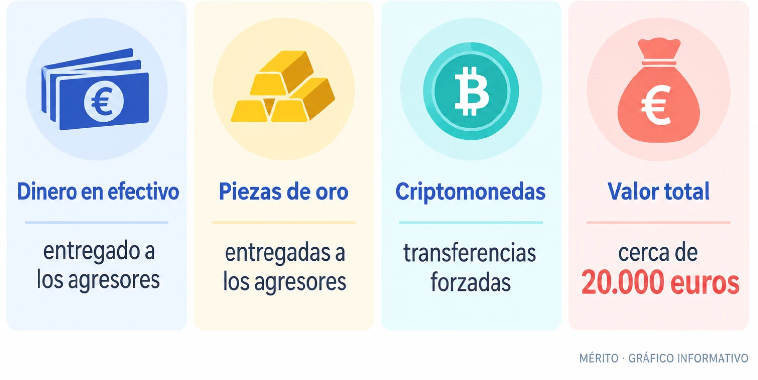 Tarjetas con los bienes exigidos a la víctima: dinero en efectivo, piezas de oro, transferencias de criptomonedas y un valor total cercano a 20.000 euros.