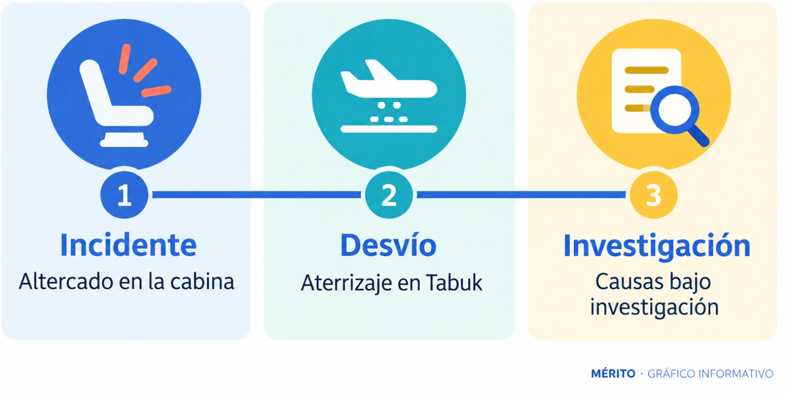 Cronología del vuelo: altercado en la cabina, desvío y aterrizaje en Tabuk, seguido de una investigación sobre las causas.