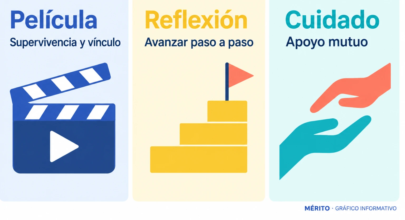 Relación entre la historia de supervivencia de la película, la idea de avanzar paso a paso y el cuidado mutuo.