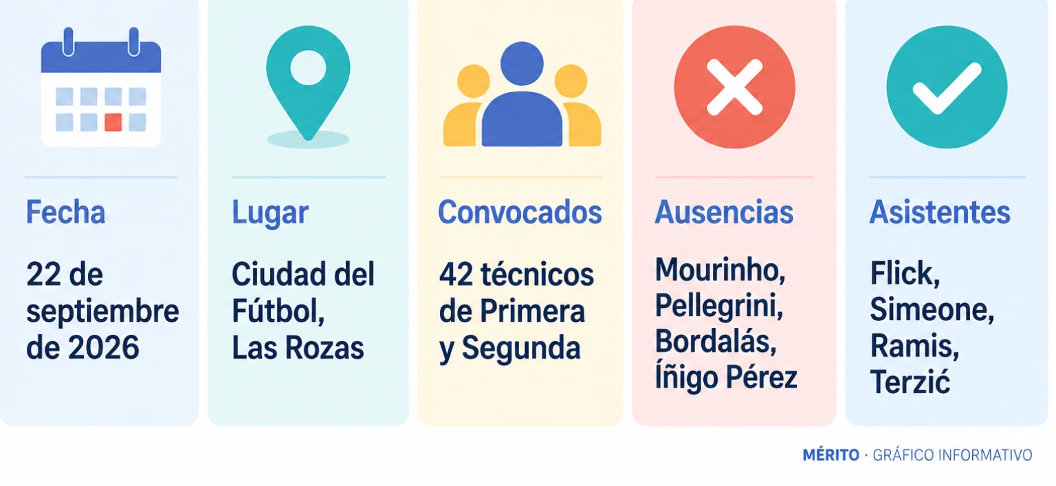 Tarjetas con fecha, lugar, número de convocados y lista de ausencias y asistentes a la reunión de entrenadores en Las Rozas.