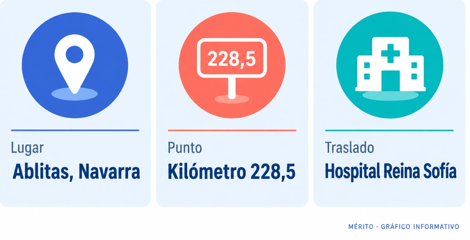 Tarjetas con la ubicación del siniestro en Ablitas, el punto kilométrico de la AP-68 y el hospital al que fue trasladado el conductor.