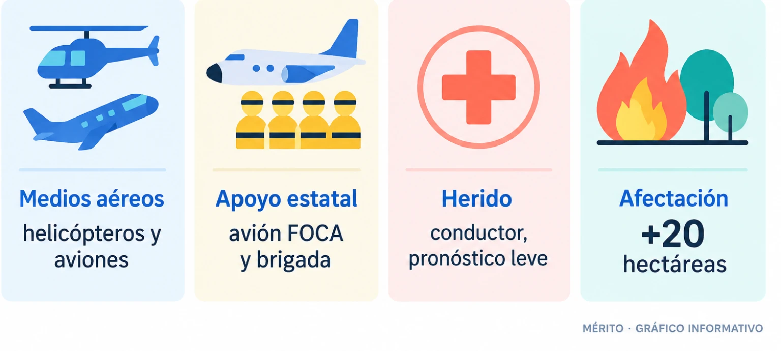 Tarjetas con el tipo de medios aéreos movilizados en Porto do Son, el herido leve y la superficie quemada.