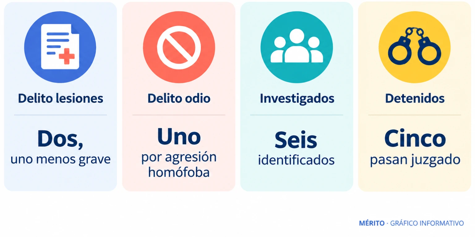 Tarjetas con la calificación provisional: dos delitos de lesiones y uno de odio, seis investigados y cinco detenidos.