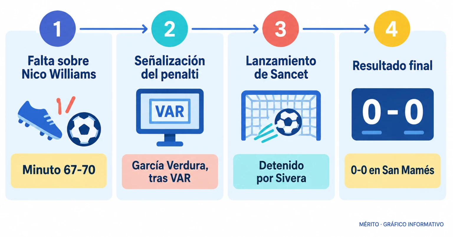 Línea de tiempo con los momentos clave del penalti detenido por Sivera en el Athletic-Alavés.