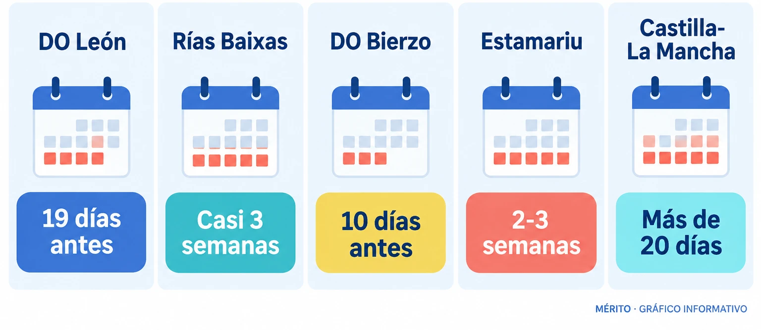 Comparativa del adelanto de la vendimia en la DO León, Rías Baixas, DO Bierzo, Estamariu y Castilla-La Mancha, con los días de antelación sobre el calendario habitual.