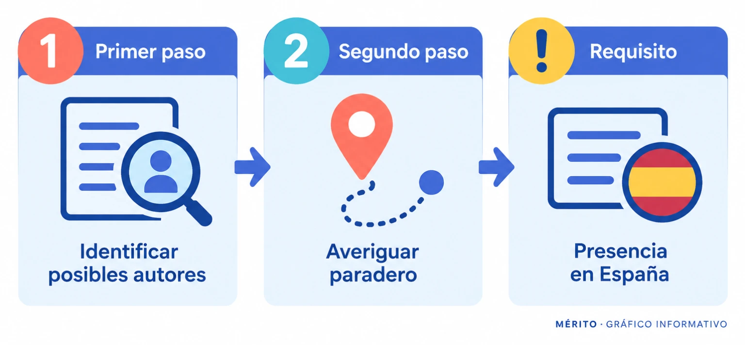 Diagrama de proceso con las diligencias acordadas para identificar a los posibles responsables y comprobar su presencia en España.