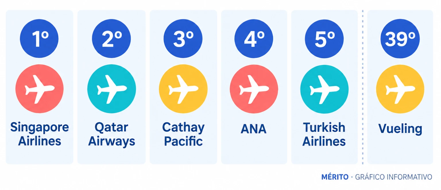 Comparativa de posiciones del top general: Singapore Airlines primero, Qatar Airways segundo, Cathay Pacific tercero, ANA cuarto y Turkish Airlines quinto; Vueling en el puesto 39.