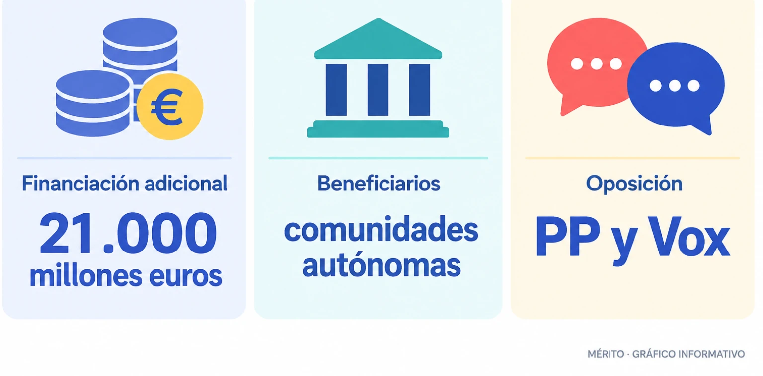 Infografía comparativa sobre la propuesta de financiación autonómica: 21.000 millones para comunidades, con PP y Vox en contra.