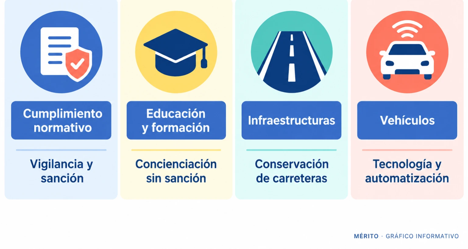 Diagrama con cuatro pilares de la seguridad vial: cumplimiento de la norma, educación, infraestructuras y vehículos.