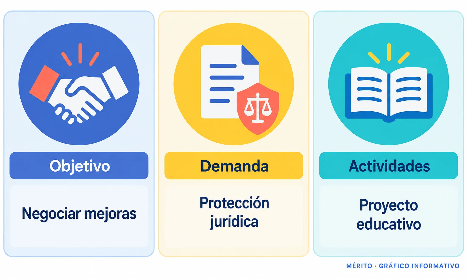 Diagrama que relaciona la medida sindical de no organizar salidas y colonias con la negociación reclamada y las garantías laborales que los sindicatos piden para el profesorado.