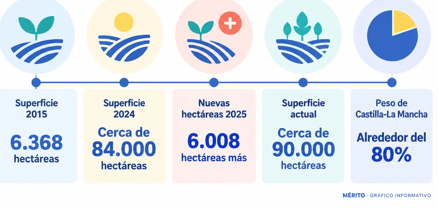 Línea temporal con la evolución de la superficie plantada de pistacho en España desde 6.368 hectáreas en 2015 hasta cerca de 90.000 en la actualidad.