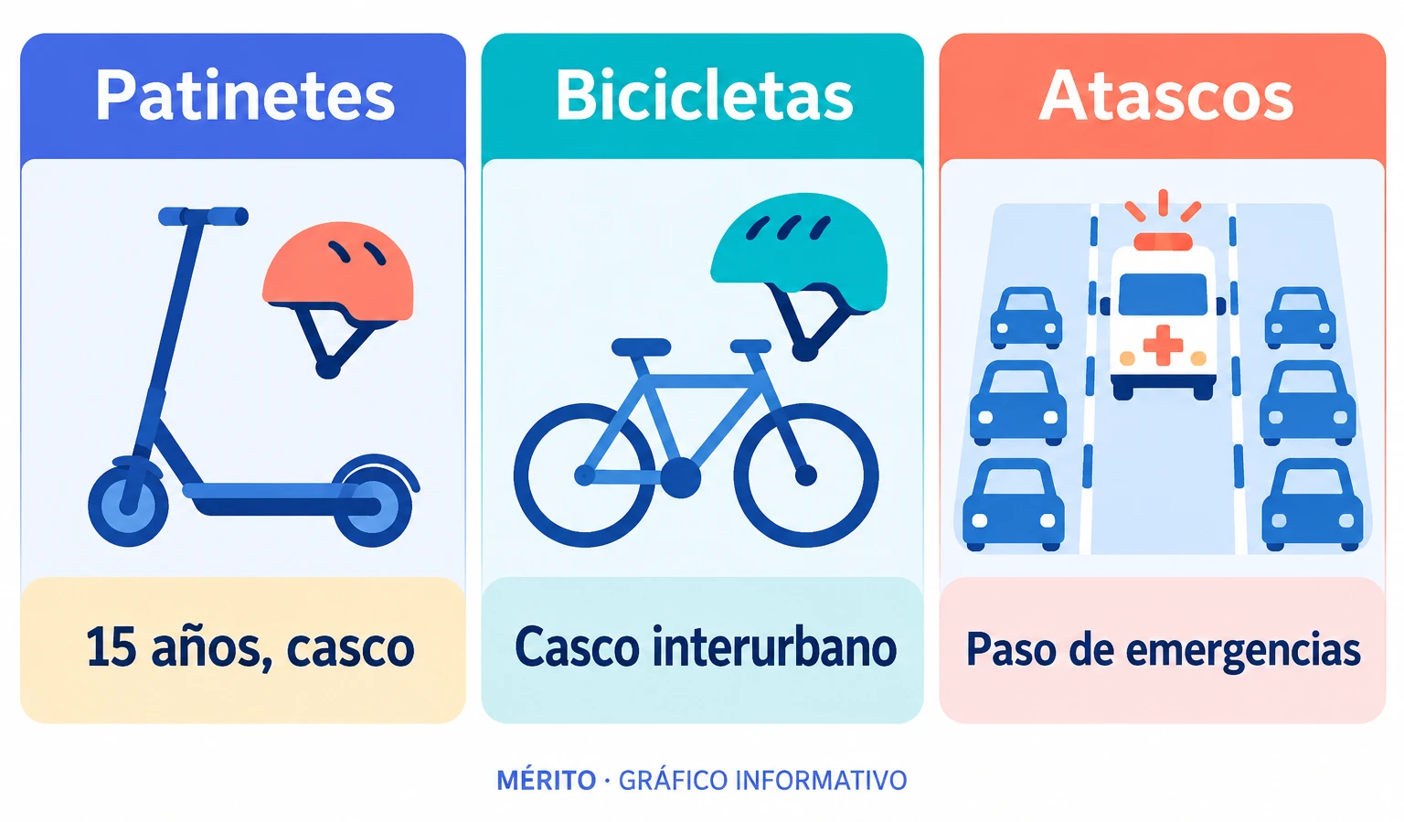 Tres cambios de la reforma: edad mínima de 15 años y casco para usuarios de patinetes, casco para ciclistas en vías interurbanas y espacio de paso para emergencias en las retenciones.