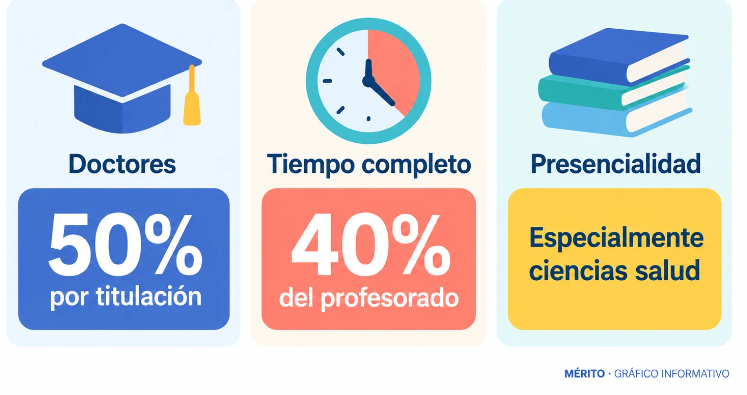 Tarjetas con los tres requisitos principales: 50% de doctores por titulación, 40% de contratos a tiempo completo y presencialidad en salud.
