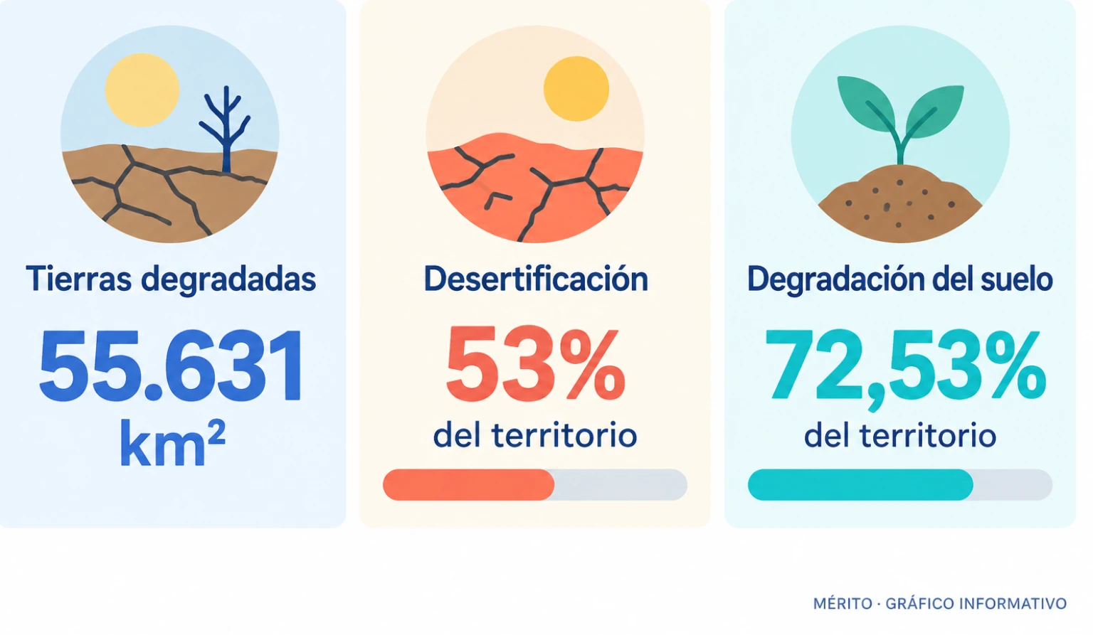 Tarjetas con tres indicadores atribuidos a España por el informe: 55.631 kilómetros cuadrados de tierras degradadas, 53% del territorio con desertificación y 72,53% con degradación del suelo.