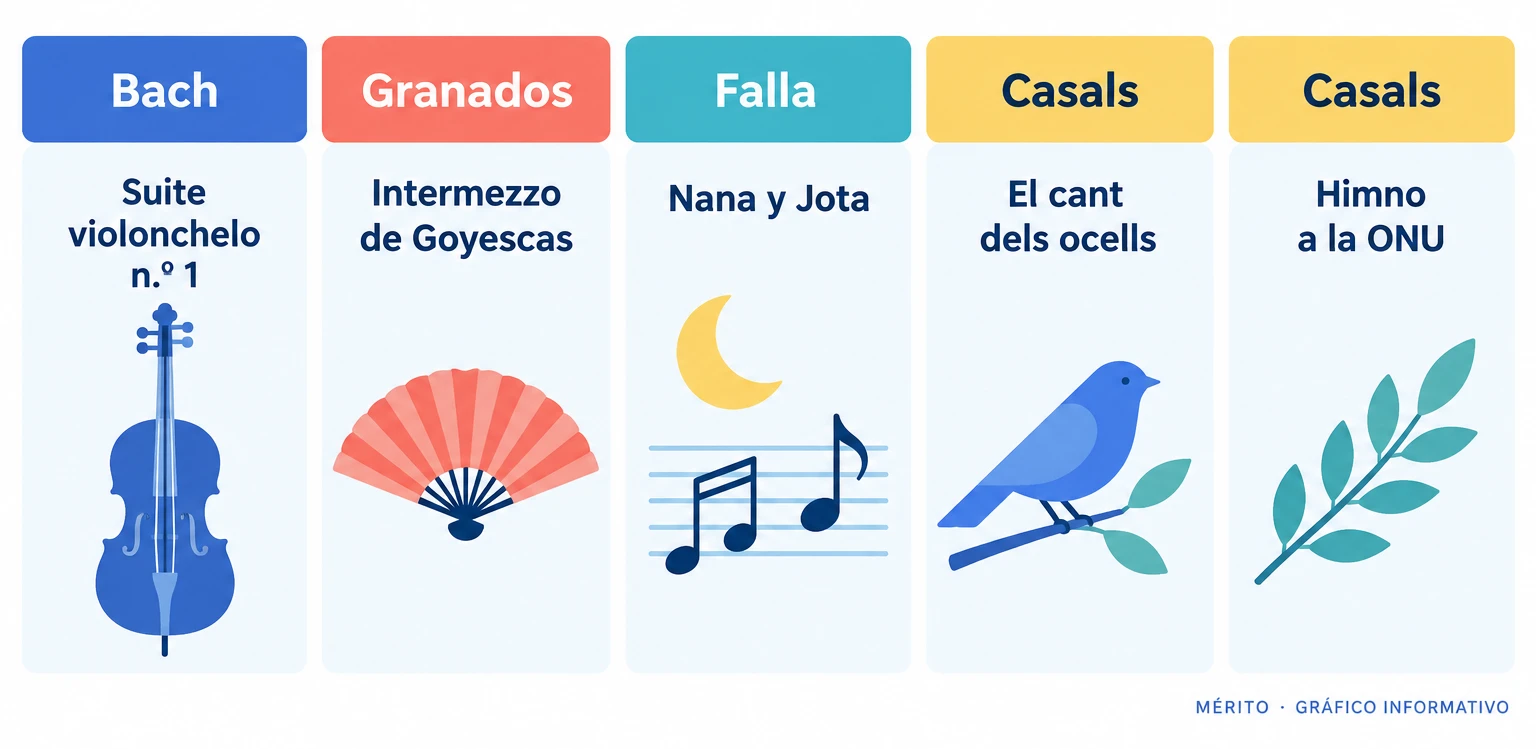 Diagrama con las obras de Bach, Granados, Falla y Pau Casals interpretadas durante el homenaje en el Congreso.