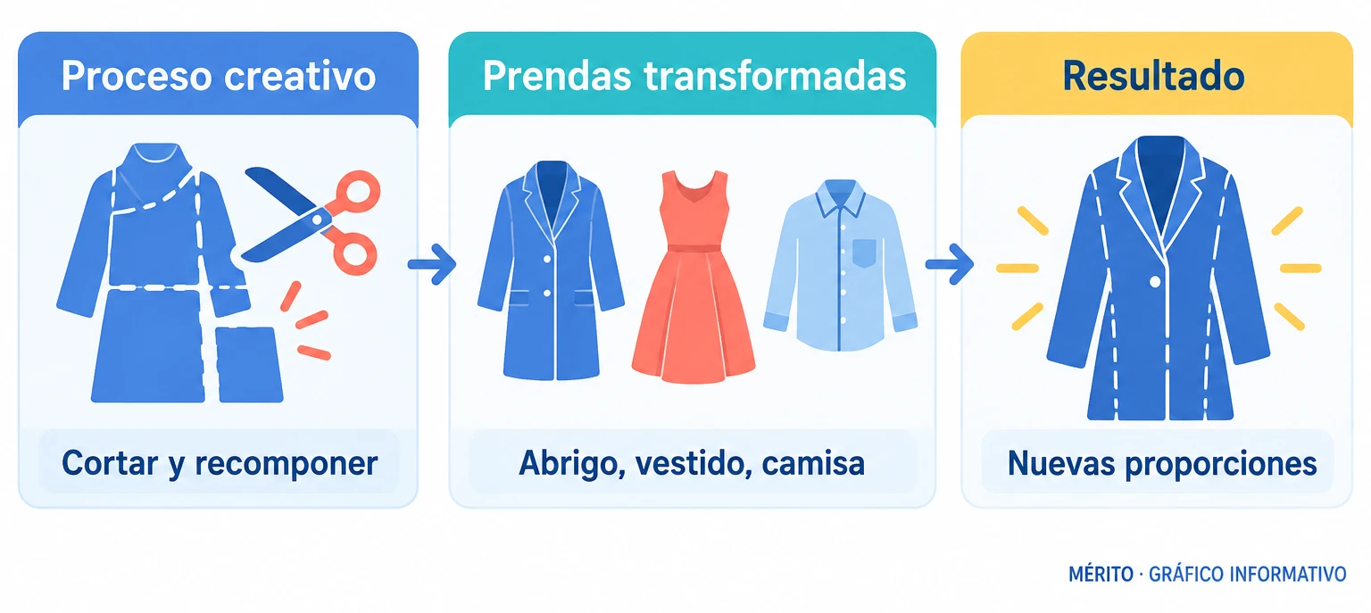 Diagrama del proceso creativo: prendas existentes de Zara se cortan, amplían o recomponen para convertirse en nuevas siluetas.