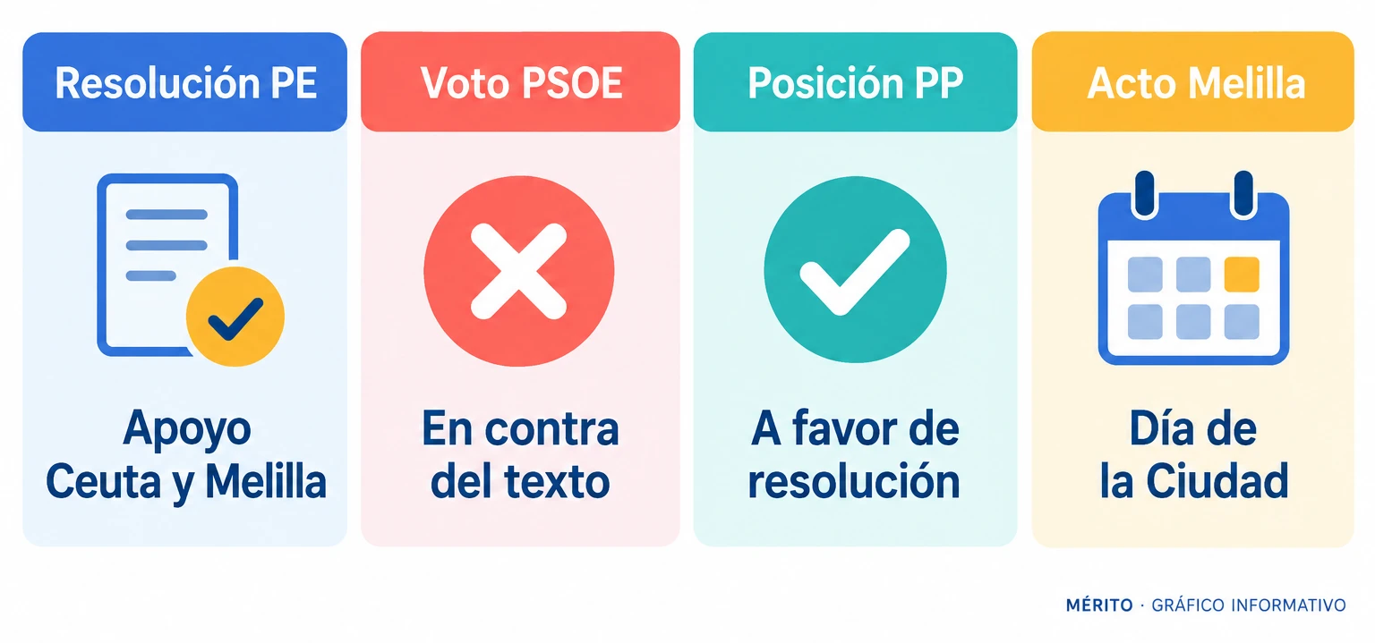Comparación de posiciones sobre la resolución del Parlamento Europeo: apoyo del PP, voto en contra del PSOE y celebración en Melilla.