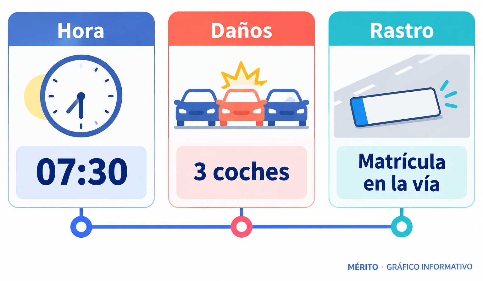 Cronología del accidente de tráfico en la EP-9005: impacto contra tres coches y abandono del lugar con la matrícula del turismo entre los restos.