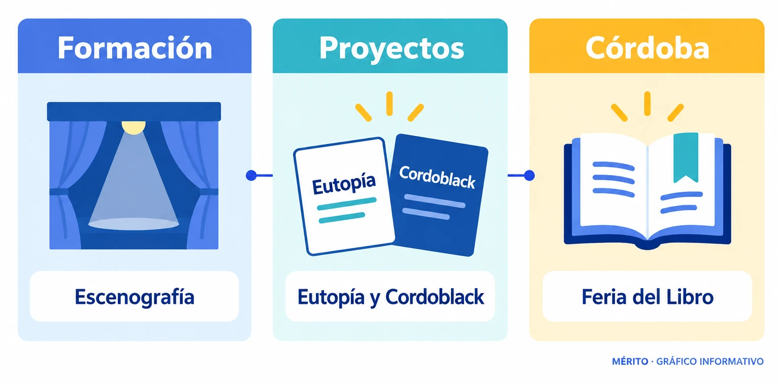 Diagrama textual de la trayectoria de Pablo Téllez: formación en Escenografía y participación en Eutopía, Cordoblack y la Feria del Libro de Córdoba.