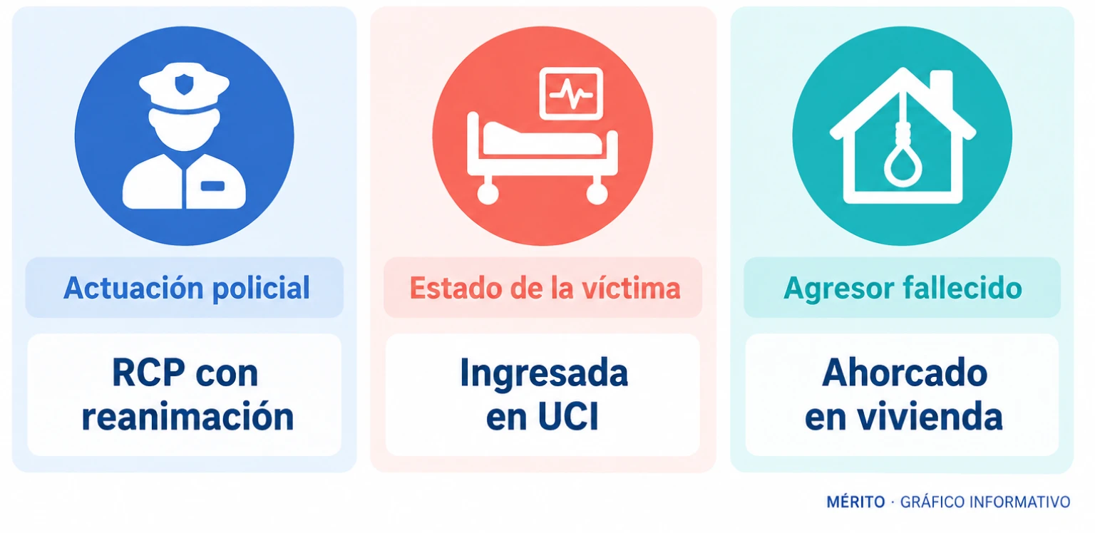 Tarjetas informativas con la actuación policial, el estado hospitalario de la víctima y la muerte del agresor