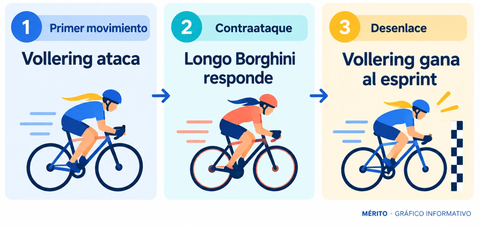 Secuencia de la parte decisiva de la carrera: ataque de Vollering, contraataque de Longo Borghini y esprint final entre Vollering y Niewiadoma.