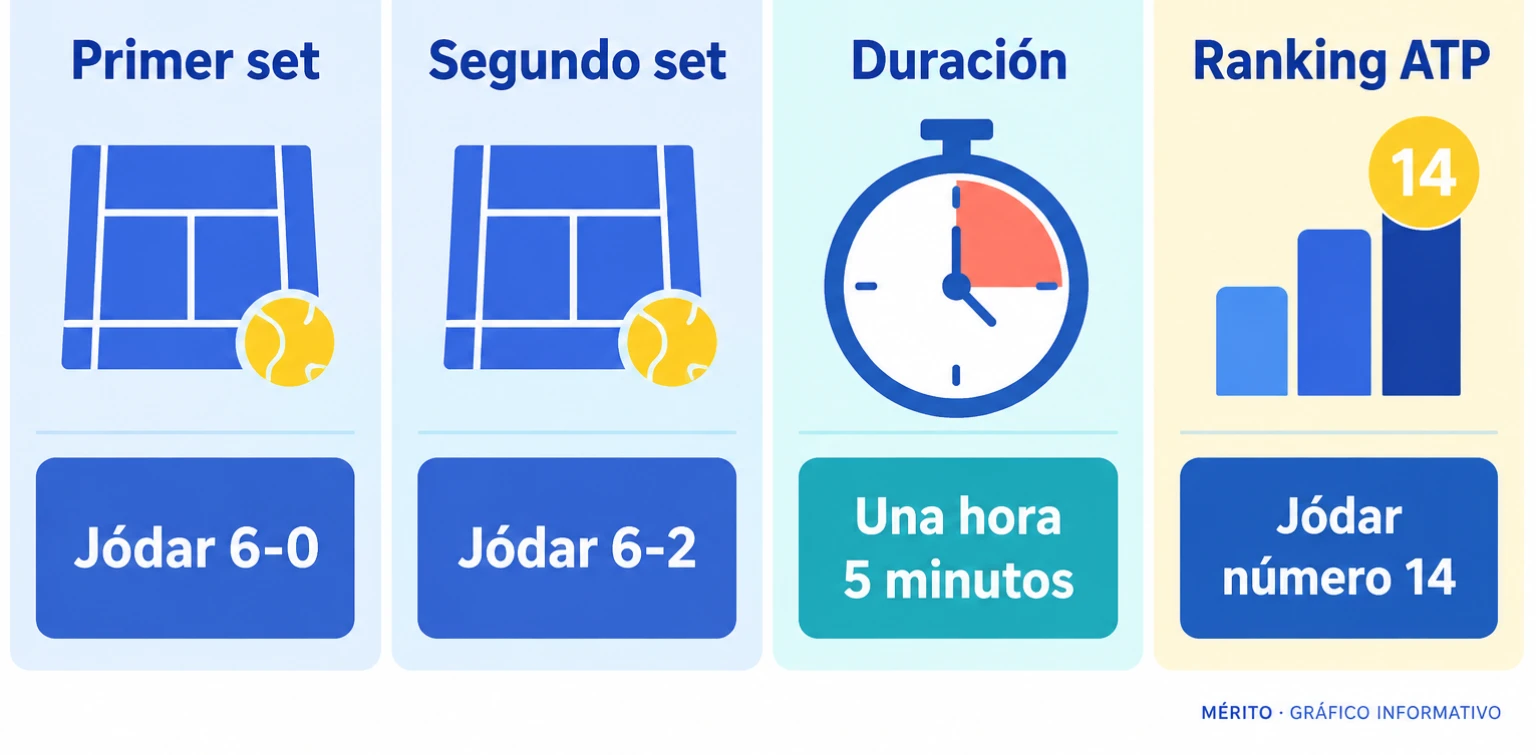 Infografía con los parciales del partido entre Jódar y Garín, 6-0 y 6-2, su duración de una hora y cinco minutos y el ranking del español.