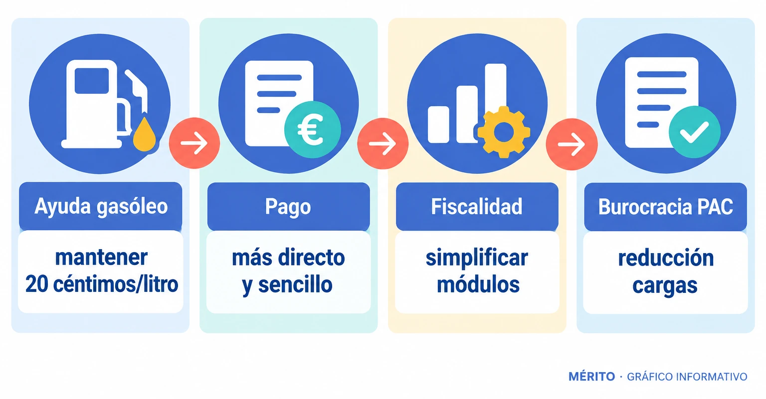 Diagrama de proceso con las demandas del sector agrario: mantenimiento de la ayuda, pago más directo, simplificación fiscal y reducción de burocracia.