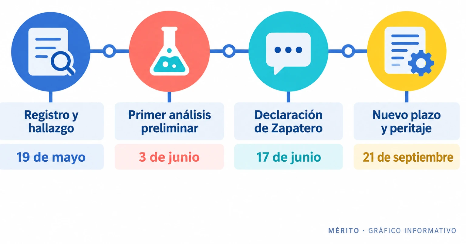 Línea de tiempo con cuatro hitos: registro el 19 de mayo, primer análisis el 3 de junio, declaración el 17 de junio y nuevo plazo el 21 de septiembre.