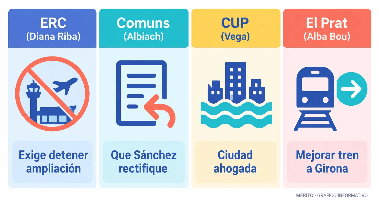 Diagrama con los partidos participantes y sus principales demandas contra la ampliación del aeropuerto.