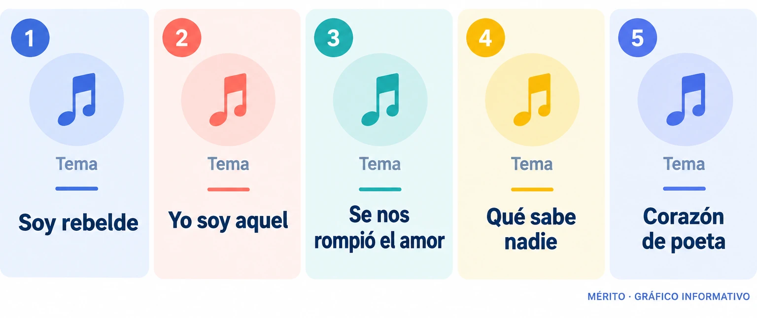 Tarjetas con cinco de las canciones mencionadas en el fallo del jurado.