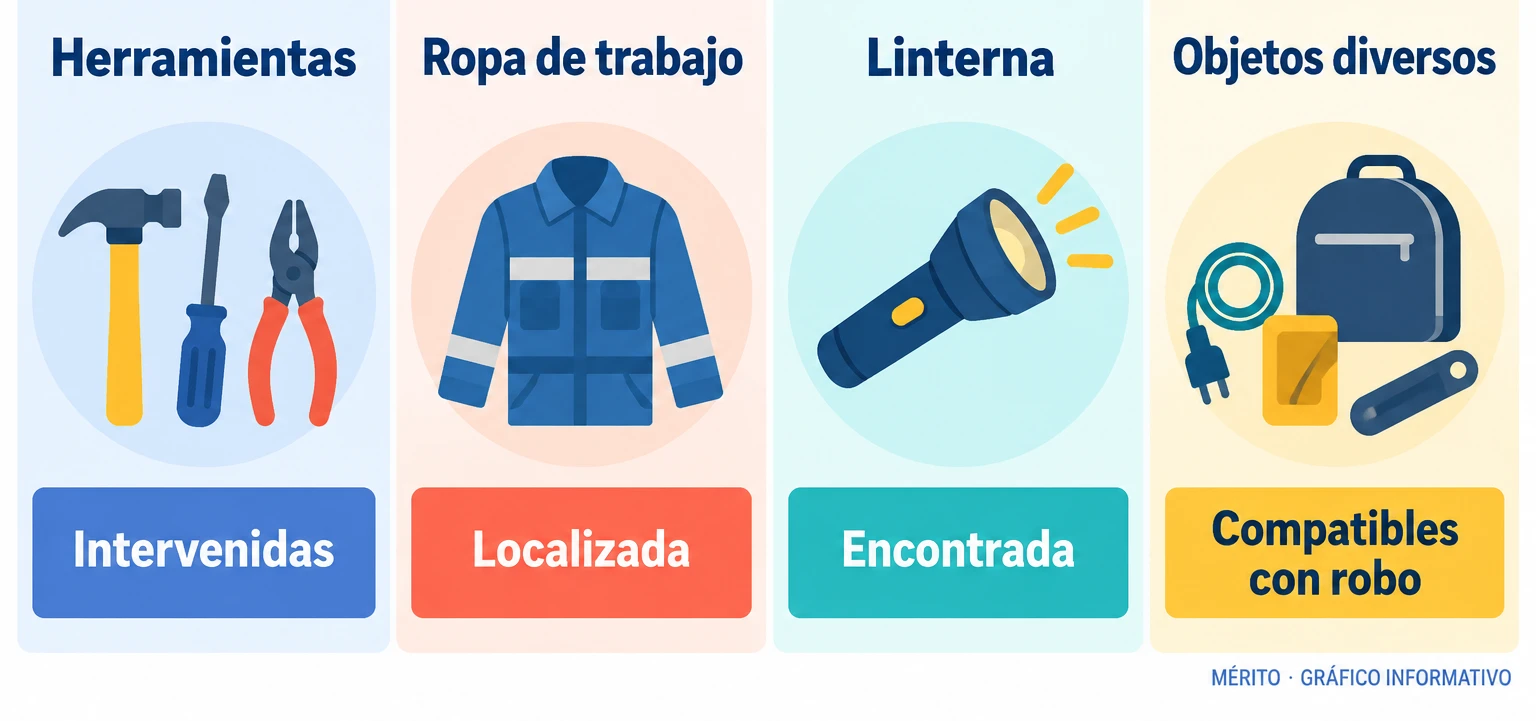Infografía con los objetos intervenidos en los vehículos: herramientas, ropa de trabajo, linterna y otros objetos compatibles con el robo de cobre.
