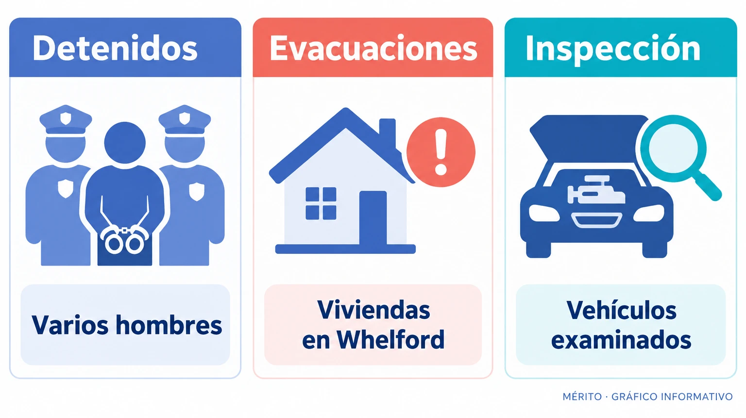 Detenciones, viviendas evacuadas y vehículos examinados en Whelford.