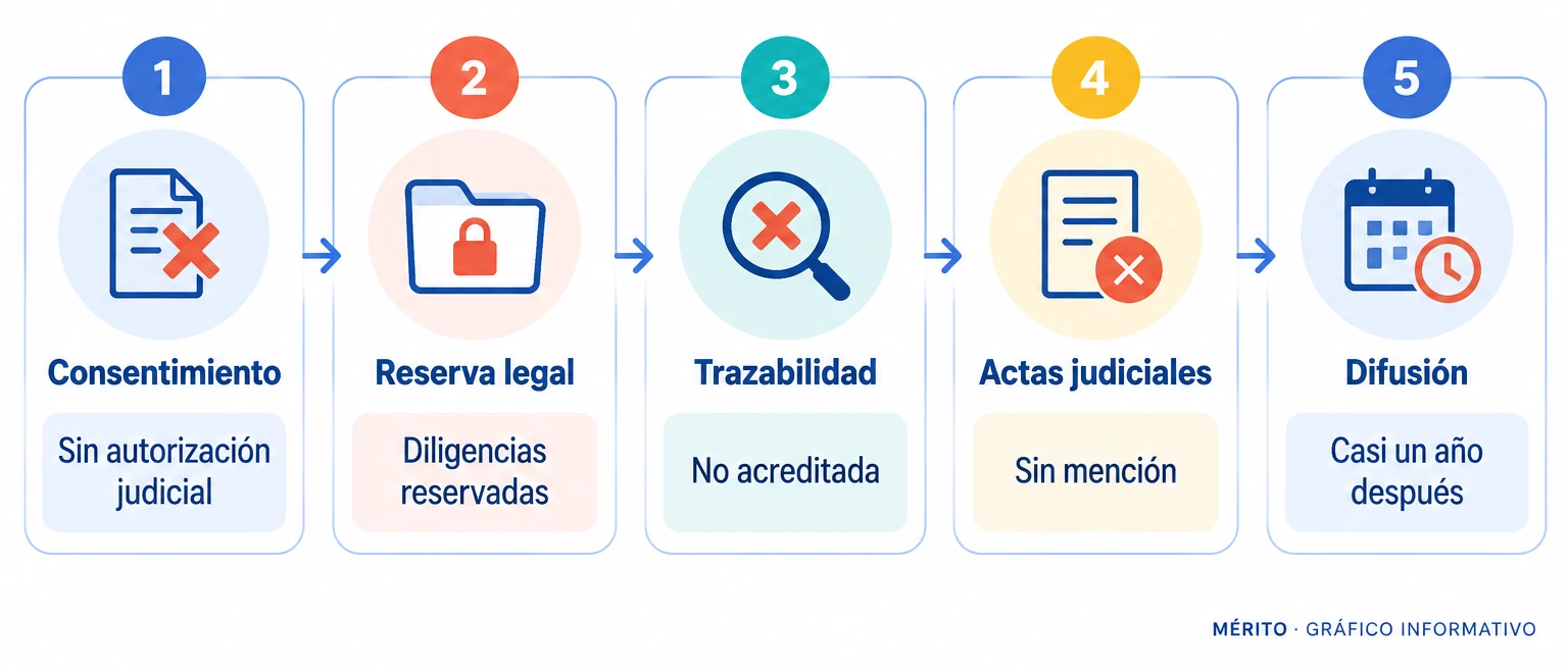 Diagrama de proceso con los motivos de invalidación: falta de consentimiento, reserva legal, trazabilidad no acreditada, ausencia en actas y difusión tardía