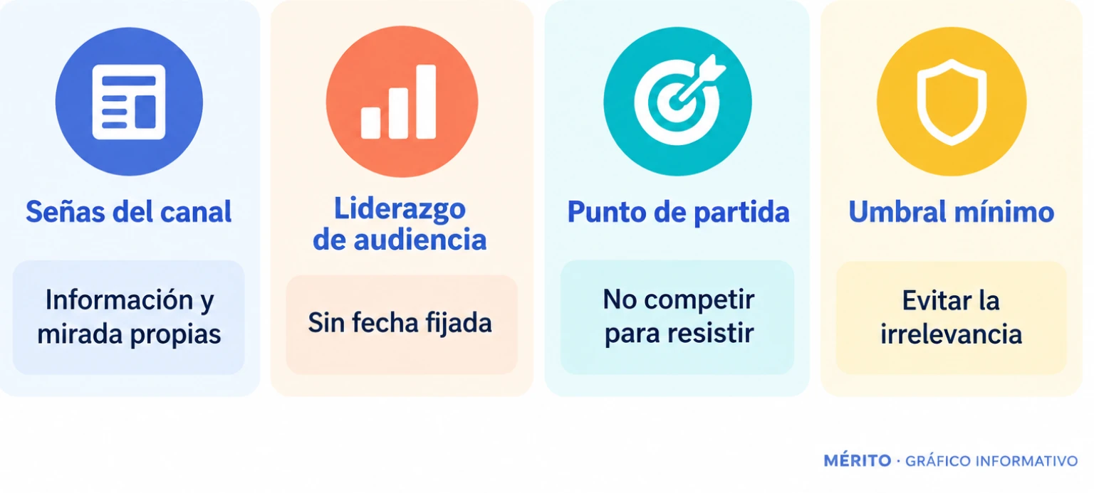 Tarjetas con las prioridades declaradas por Javier Ruiz para La Séptima: información propia, liderazgo sin fecha, no competir para resistir y evitar la irrelevancia.
