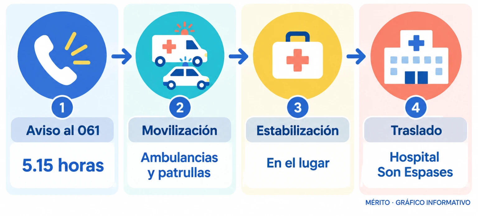 Línea temporal con el aviso al 061 a las 5.15 horas, la movilización de ambulancias y patrullas, la estabilización en el lugar y el traslado al Hospital Son Espases.