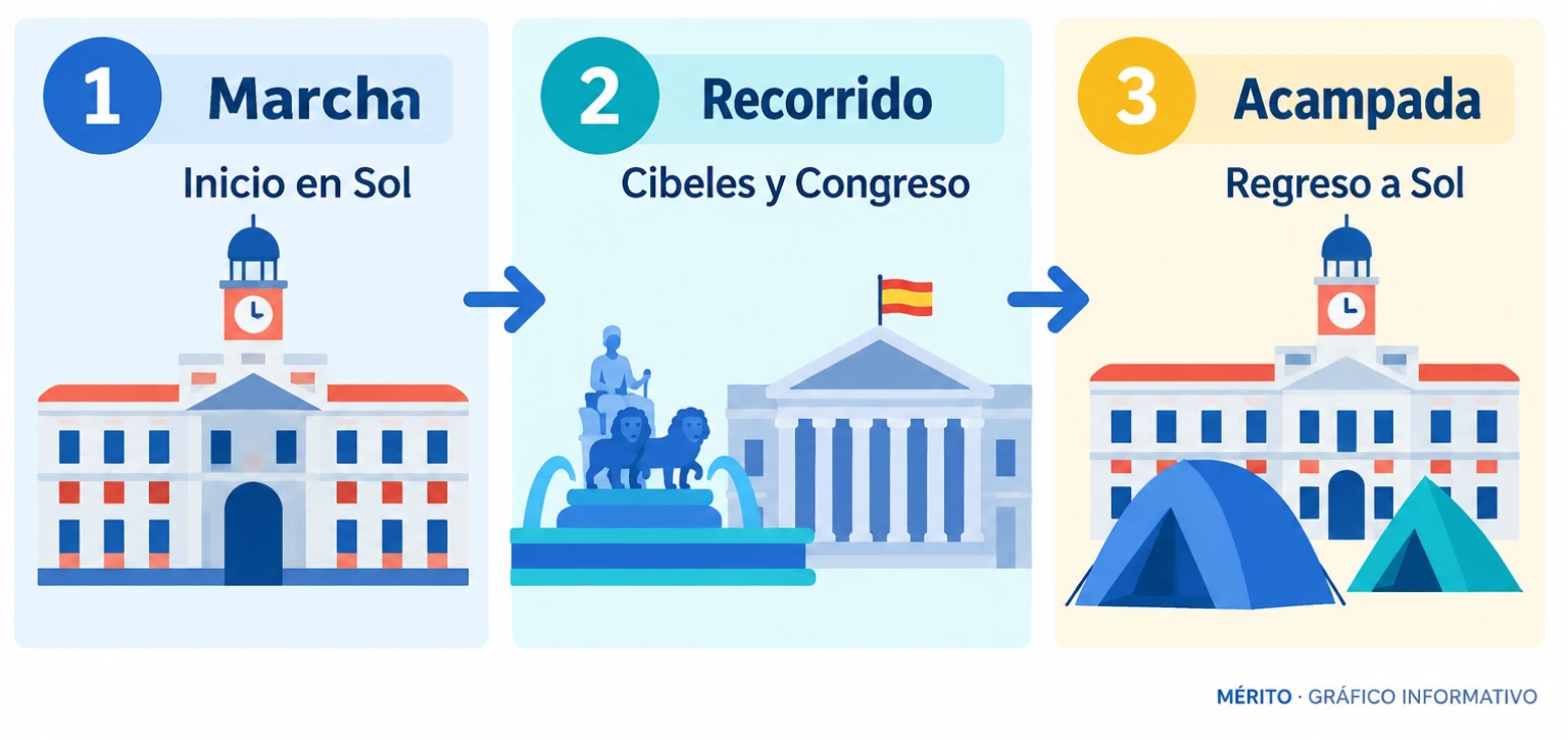 Esquema del recorrido de la marcha desde Sol, por Cibeles y hasta el Congreso, seguido del regreso de manifestantes a Sol para acampar.
