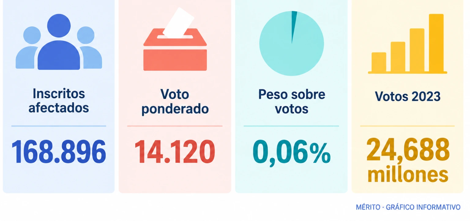 Comparación numérica entre los electores afectados según el recurso, su voto ponderado estimado, el total de votos emitidos en 2023 y el porcentaje que representan.