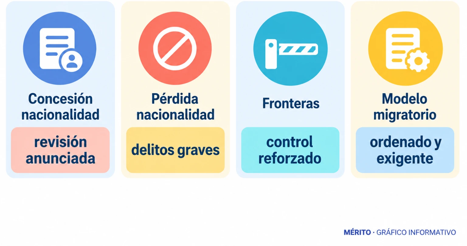 Tarjetas con los cuatro ejes del anuncio de Feijóo: revisión de la concesión de nacionalidad, pérdida por delitos graves, control reforzado de fronteras y modelo migratorio ordenado.